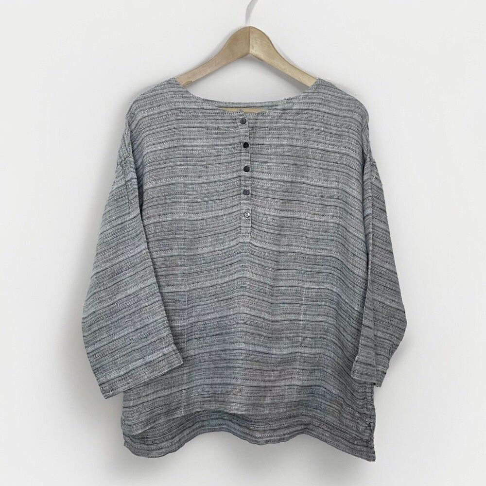 J. Jill Sz Medium Gray Pure Linen Pullover Henley Blouse Pockets Lagenlook